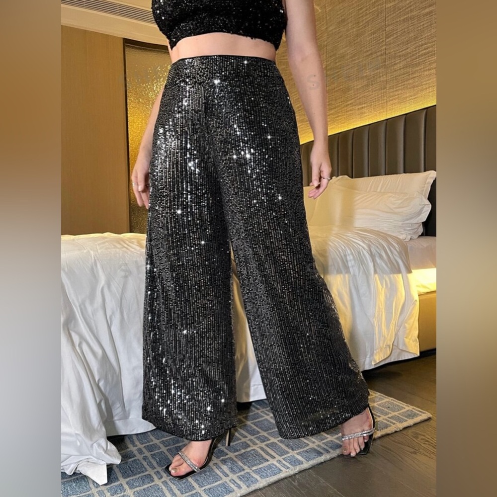 High Waist Sequin Wide Leg Pants